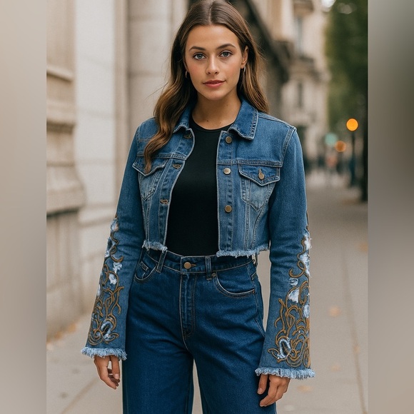 Jackets & Blazers - Embroidered Blue Denim Jacket